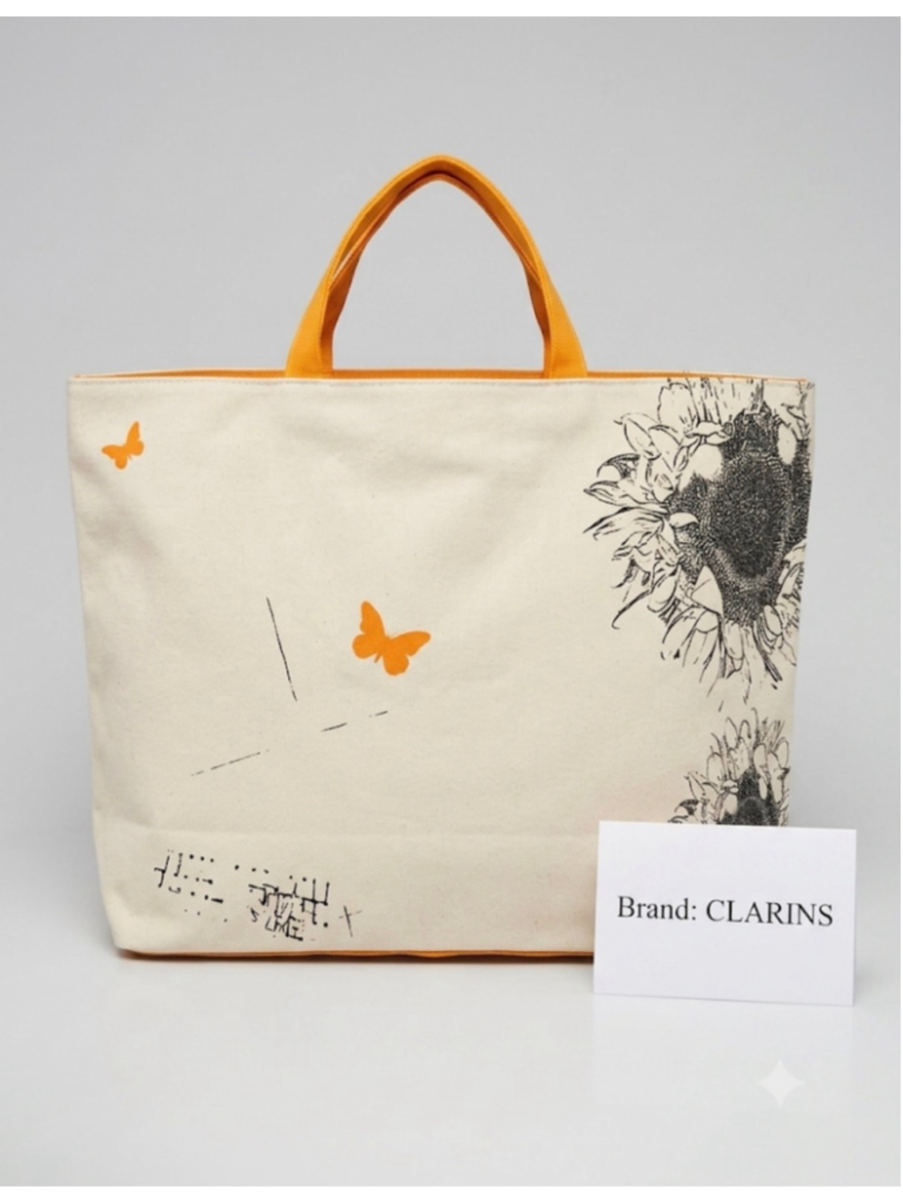 Clarins Large Canvas White Orange Butterfly Sunflower Tote Bag